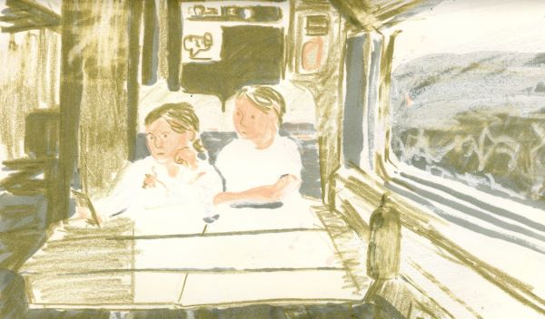 Sketch of two girls reading on a train